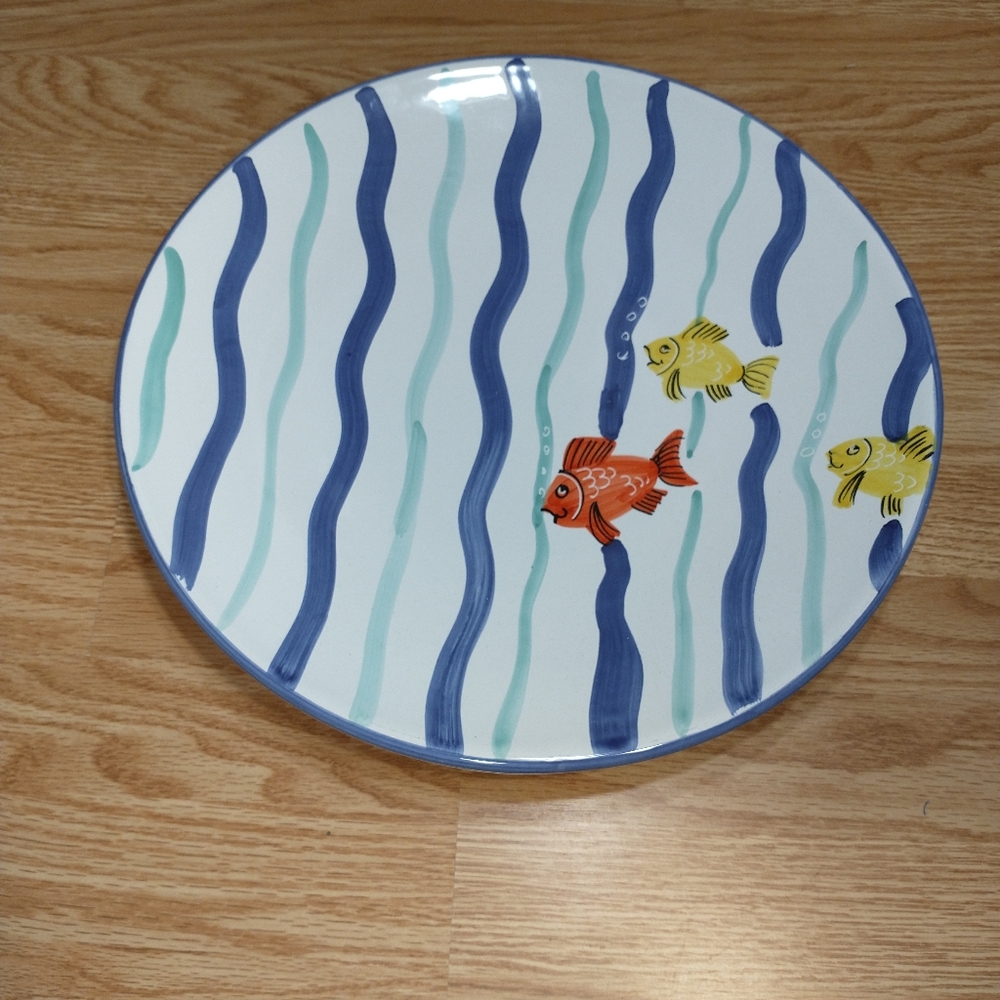 Dipinto A Mano Italy Plate Hand Painted, 3 Fish blue color 16" Vintage Plate.